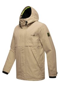 Beige waterdichte jas met capuchon, voorzien van een zwarte voering, voorkurken, elastische manchetten en een logo op de borst.