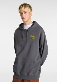 Gray hooded sweatshirt made of cotton blend. Features kangaroo pocket, ribbed cuffs, and yellow embroidered Vans logo on the chest.