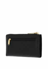 Portefeuille noir texturé avec une finition lisse, doté d'une fermeture éclair dorée et d'une poche zippée au dos.