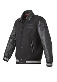 Black varsity jacket featuring a wool body, leather sleeves, ribbed cuffs, and a front zipper pocket; "GORDON ATHLETIC" embroidered on chest.