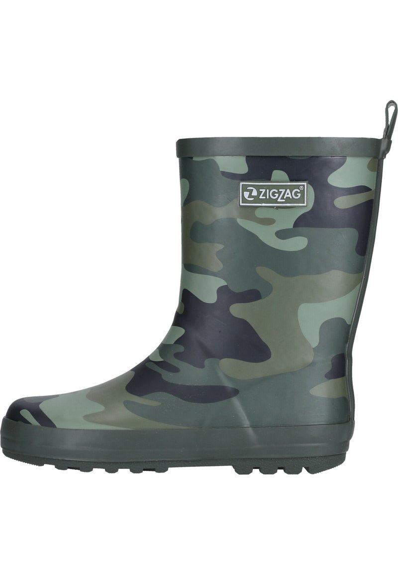 Botte de pluie en caoutchouc camouflage vert avec une texture lisse, un bout rond et une semelle robuste. Présente une languette de tirage et une étiquette de marque sur le côté.