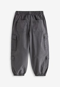 Grå cargobukser med elastisk talje, to baglommer og sidelommer. Stoffet virker blødt med en glat tekstur og en afslappet pasform.