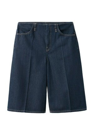 Shorts en denim bleu foncé longueur genou avec poches avant, passants pour ceinture et coutures visibles sur fond blanc.