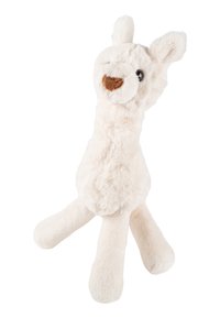 Plush stuffed llama, cream-colored with furry texture, brown accents on snout, and large button-like eyes; tall neck with floppy limbs.