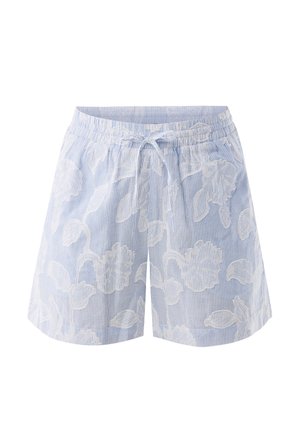 Lichtblauwe korte broek met witte bloemenprint, elastische tailleband met trekkoord en gestreepte textuur. Ontworpen voor comfort en draaggemak.