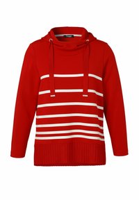Rode hoodie met lange mouwen, voorzien van witte horizontale strepen, een grote voorzak en koordjes op de capuchon.