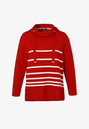 Rode hoodie met lange mouwen, voorzien van witte horizontale strepen, een grote voorzak en koordjes op de capuchon.