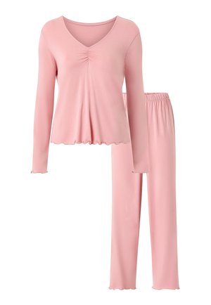 Zachtroze top met lange mouwen en V-hals, gecombineerd met bijpassende rechte broek met elastische taille en subtiele ruches aan de randen.
