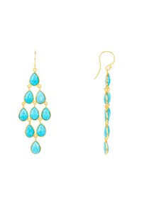 Pendientes colgantes en tono dorado que presentan múltiples piedras de turquesa en forma de pera, con una textura suave y un color azul vibrante.