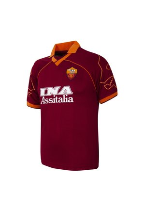 Bordeauxrode voetbalshirt met oranje kraag en mouwranden, AS Roma-logo op de borst en witte sponsornaam INA Assitalia.