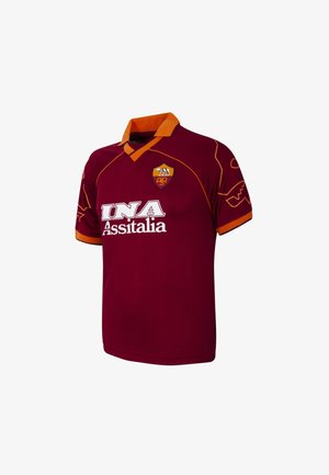 Bordeauxrode voetbalshirt met oranje kraag en mouwranden, AS Roma-logo op de borst en witte sponsornaam INA Assitalia.