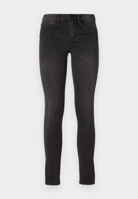 Jeans skinny negros con una textura suave, que cuentan con un diseño clásico de cinco bolsillos y cierre de botón. Sin patrones ni acentos visibles.
