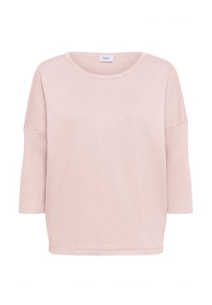 Pull en maille rose pâle avec un col rond, des manches trois-quarts et des détails côtelés aux poignets et à l'ourlet.
