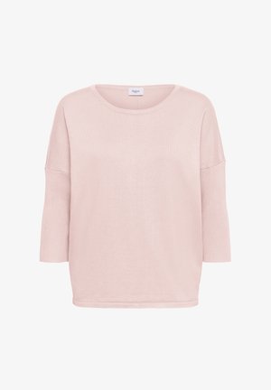 Pulover roz pal tricotat, cu decolteu rotund, mâneci trei sferturi și detalii cu dungi la manșete și tiv.