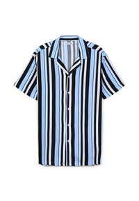 Camicia a maniche corte con colletto, caratterizzata da righe verticali in azzurro chiaro, nero e bianco. Bottoni sul davanti.