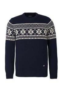 Navy knitted sweater with a round neck. Features a contrasting ivory and black patterned yoke. Ribbed cuffs and hem. Small logo detail at bottom.