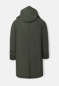 Abrigo verde oliva, impermeable, con capucha, mangas largas y acentos de puños abotonados. Diseño elegante y minimalista con corte recto.