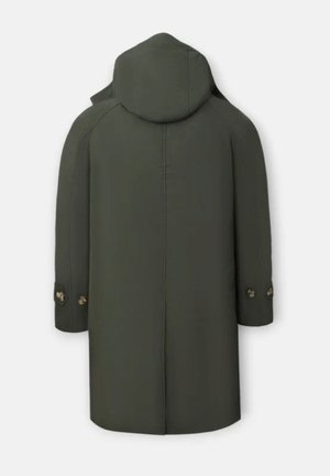 Cappotto impermeabile verde oliva con cappuccio, maniche lunghe e polsini abbottonati. Design elegante e minimalista con una vestibilità dritta.