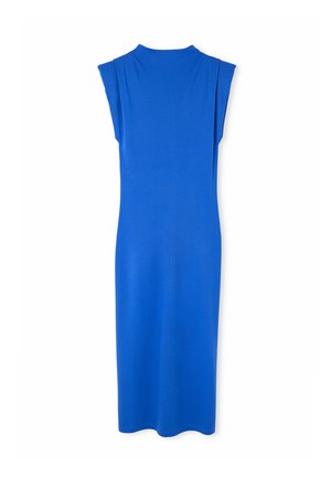 Blaues ärmelloses Kleid mit hohem Kragen, aus weichem Stoff, mit einer figurbetonten Passform und einem knie-langen Saum sowie dezenten Drapierungen.