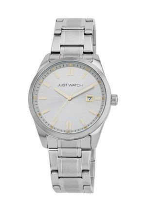 Silberne Edelstahl-Uhr mit einem minimalistischen runden Gehäuse, hellem silbernen Zifferblatt, goldenen Stundenmarkierungen und einer Datumsanzeige auf 3 Uhr.