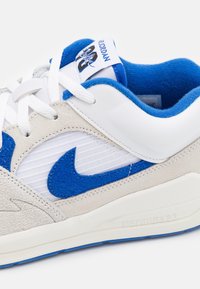 Baskets Air Jordan blanches et bleues avec des panneaux en daim et cuir, un swoosh Nike bleu, des lacets blancs et une doublure intérieure bleue rembourrée.
