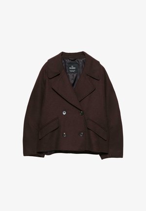 Dunkelbraune, doppelt geclickte Wolljacke mit breiten Revers, zwei vorderen Taschen und schwarzen Knöpfen, ausgestattet mit einer glatten Innenauskleidung.