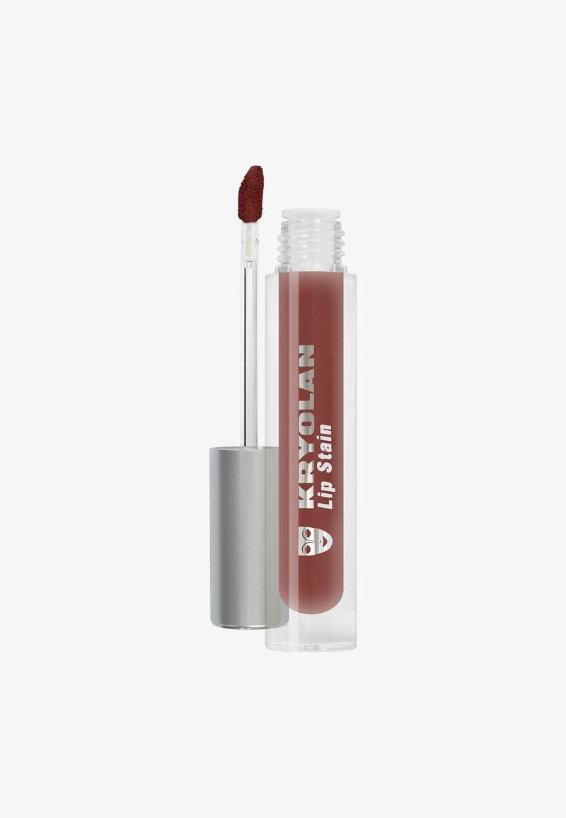 Kryolan lip stain in a clear tube with a silver cap and angled applicator wand showing deep red-brown lip color.