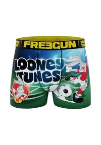 Un short de boxeur avec un design vert et bleu, arborant le logo Looney Tunes, une ceinture jaune, et une image imprimée de Bugs Bunny jouant au football.