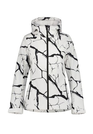 White hooded jacket with black irregular crack-like pattern, front zipper, and zippered side pockets, designed for cold weather.