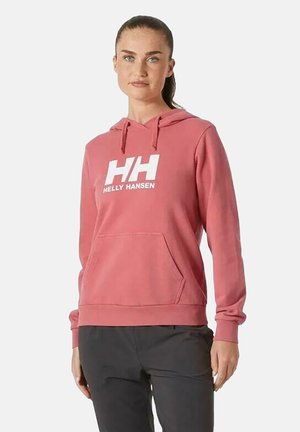 Sudadera con capucha en rosa empolvado, con un gran logo blanco "HH" y "Helly Hansen". Incluye un bolsillo frontal y puños acanalados.