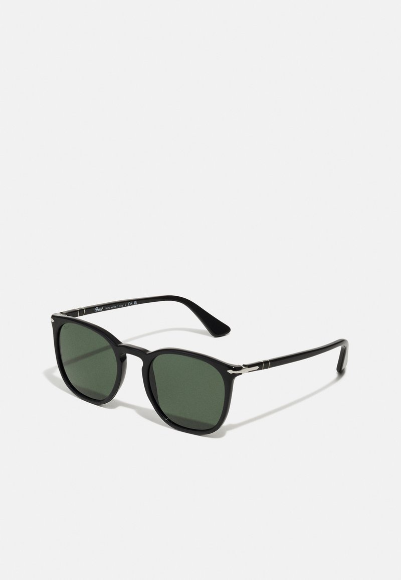 Black rectangular sunglasses with dark green lenses, metal accents on the hinges, and curved black arms. Simple, modern design.