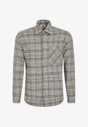 Camicia di flanella a bottoni grigia, gialla e nera a quadri, con maniche lunghe, taschino sul petto e colletto classico.
