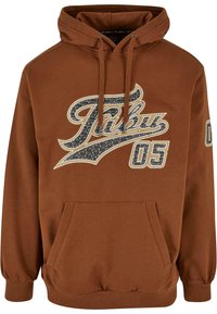 Felpa marrone con cappuccio caratterizzata da un logo grafico, cappuccio con lacci, tasca a marsupio frontale e polsini e orlo a costine.