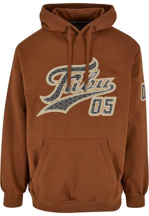 Brun hoodie med en grafisk logotyp, dragkedja till huva, framficka med kengurudesign och ribbade manschetter och nederkant.
