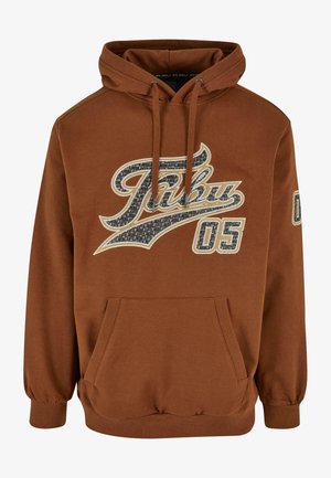 Bruine hoodie met een grafisch logo, trekkoord capuchon, voorzak met kengouroezak en ribgebreide mouwen en zoom.