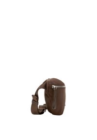 Brown nylon crossbody bag with a rounded shape, front zipper closure, adjustable strap, and smooth texture. Minimalist design with no patterns.
