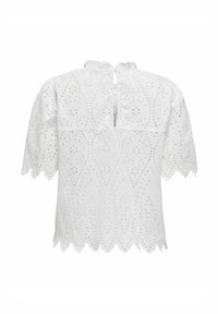 Weiße bestickte Baumwollbluse mit kurzen Puffärmeln, gewelltem Saum und einem Schlüsselloch-Detail im Rücken mit durchbrochenen Blumenmustern.