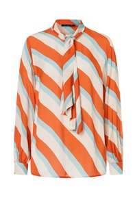Langärmlige Bluse aus leichtem Stoff mit diagonalen Streifen in Orange, Weiß und Blau. Verfügt über einen Schleifenkragen und geraffte Ärmelabschlüsse.