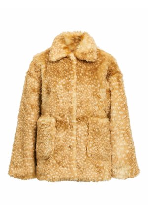 Faux fur jakke i gyldengul med en prikket tekstur, med krave og to forlommer. Blødt, fluffy materiale og løs pasform.
