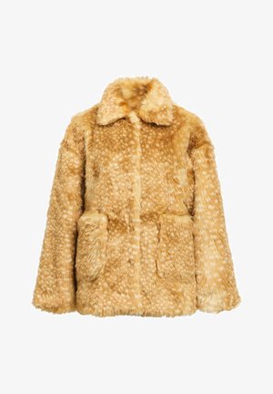 Lažna krznena jakna u zlatnoj žutoj boji s točkastom teksturom, s ovratnikom i dva prednja džepa. Mekani, pahuljasti materijal i širok kroj.