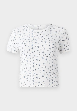 White short-sleeve t-shirt featuring a ribbed texture and a floral pattern in blue and green throughout. Round neckline and relaxed fit.
