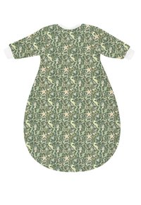 Grüner, gemusterter Schlafsack mit einem Blätter- und Eidechsenmuster. Runder Ausschnitt mit weißen Bündchen. Weicher Stoff, ovale Form und lange Ärmel.