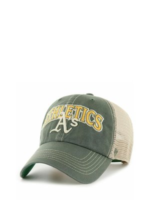 Grüne und beige Baseballkappe aus Netzstoff mit der Aufschrift "ATHLETICS A's" in Gelb und Weiß auf der Frontplatte gestickt.