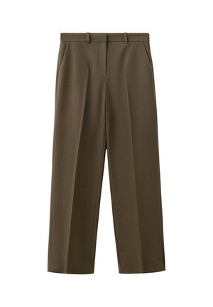 Pantalones marrones de pernera ancha con trabillas para el cinturón, bolsillos laterales y cierre delantero con cremallera y botón sobre fondo blanco.
