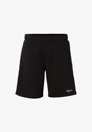 Schwarze Freizeitsshorts mit elastischem Bund und kleinem weißem "Pegador"-Logo am unteren rechten Bein.