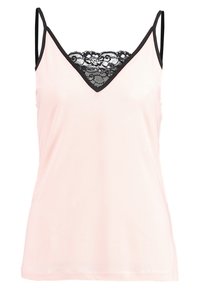 Canottiera rosa chiaro con dettagli in pizzo nero sul collo. Presenta spalline sottili e una texture liscia. Design a forma di V.