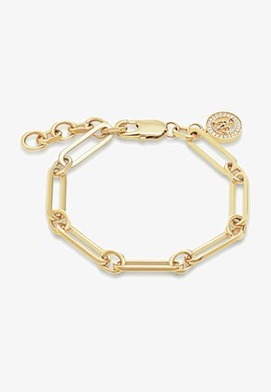 Bracelet en chaîne dorée présentant des maillons allongés, un fermoir sécurisé et un charm avec un design circulaire et de petites embellissements.