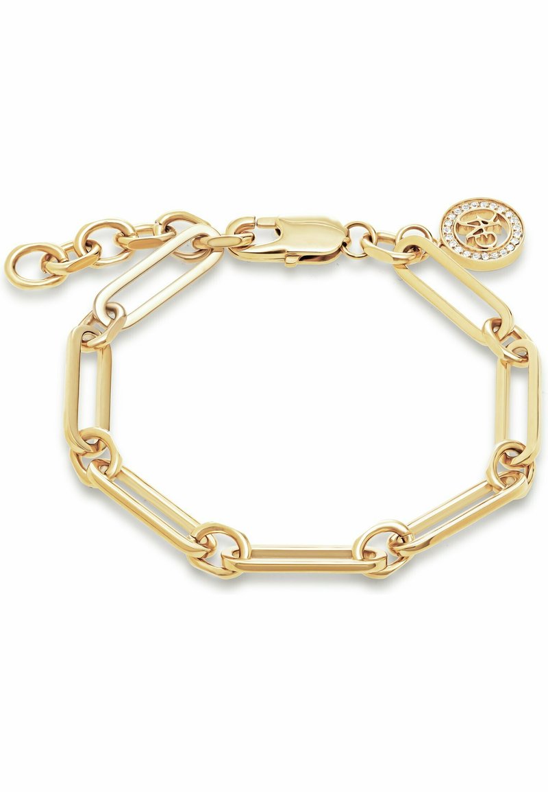 Bracciale in oro con maglie allungate, chiusura sicura e un ciondolo con design circolare e piccole decorazioni.