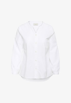 Weißes langärmeliges Hemd mit Knopfleiste, rundem Kragen und leicht geschwungenem Saum, dargestellt vor weißem Hintergrund.