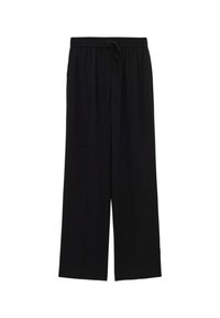 Pantalon noir à jambes larges avec une taille élastique et un cordon de serrage à l'avant, présenté sur fond blanc.